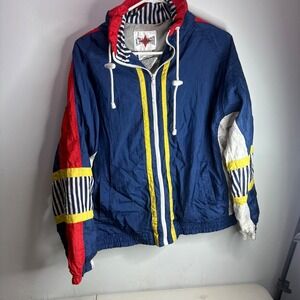Active Frontier Vintage Windbreaker Jacket Medium Blue Red Yellow Striped Hooded